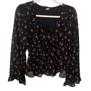 Ruffle Sleeve Top Size XXS Black Pink Floral Whimsigoth Dark Fairy Romantic Y2K